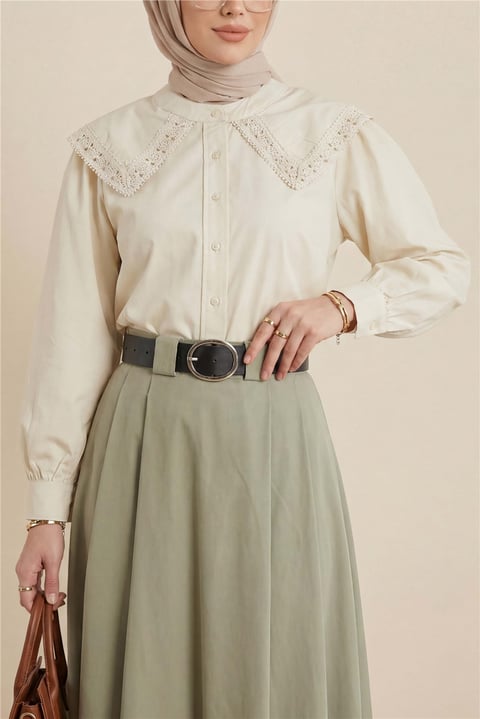 Bebe Yaka Dantel Detaylı Düğmeli Poplin Gömlek -Bej-Gömlek-364-6023-R56
