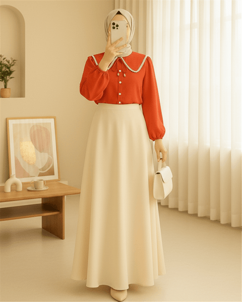 Bebe Yaka Dantelli Kolu Lastikli Gömlek   -Nar Çiçeği-Gömlek-349-7013-R40