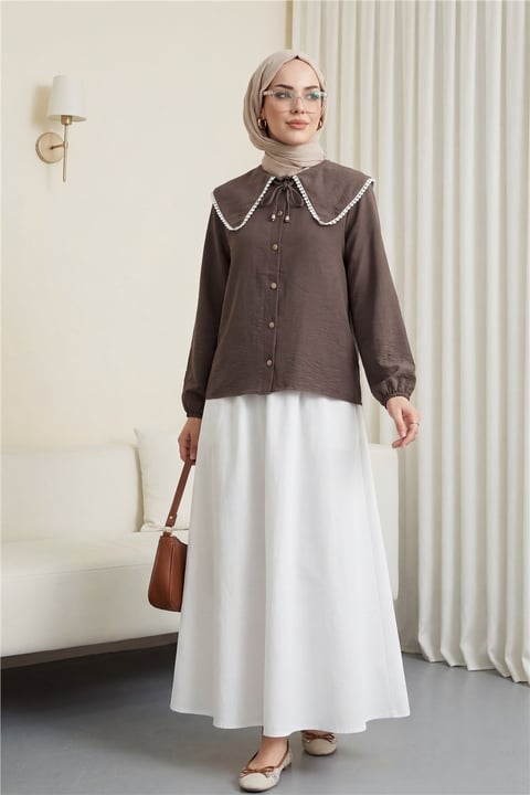 Bebe Yaka Dantelli Kolu Lastikli Gömlek -Kahve-Gömlek-349-7013-R15