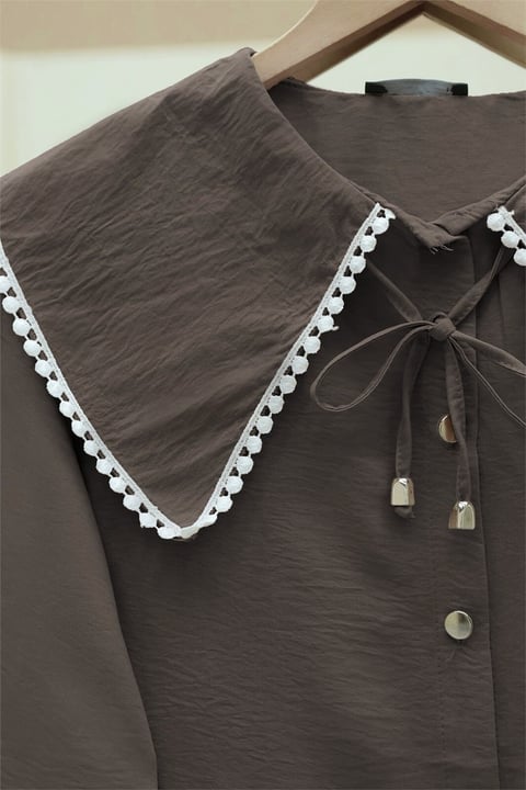 Bebe Yaka Dantelli Kolu Lastikli Gömlek -Kahve-Gömlek-349-7013-R15