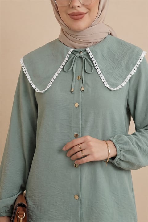 Bebe Yaka Dantelli Kolu Lastikli Gömlek -Mint-Gömlek-349-7013-R24