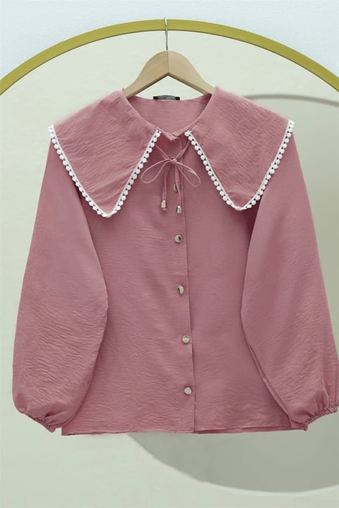 Bebe Yaka Dantelli Kolu Lastikli Gömlek -Pudra-Gömlek-349-7013-R06