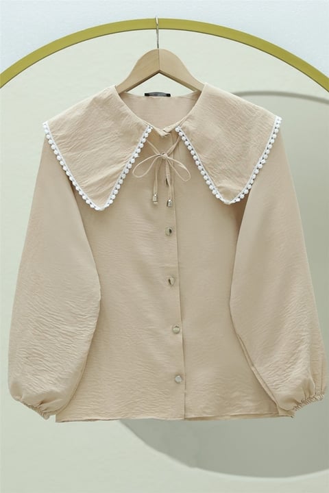 Bebe Yaka Dantelli Kolu Lastikli Gömlek -Vizon-Gömlek-349-7013-R23