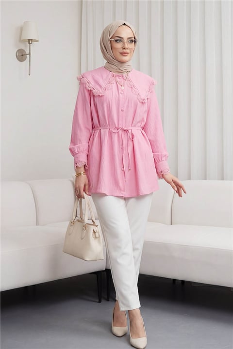 Bebe Yaka Fistolu Beli Bağcıklı Modal Tunik -Pembe-Tunik-398-11008-R20