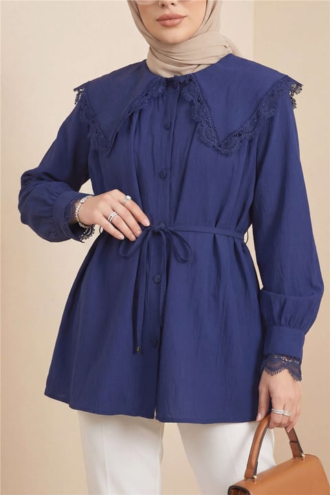 Bebe Yaka Fistolu Beli Bağcıklı Modal Tunik  -Laci-Tunik-398-11008-R03