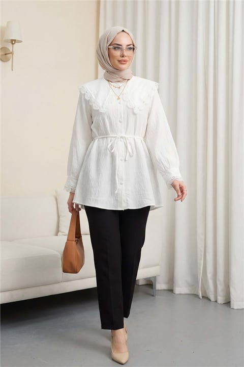 Bebe Yaka Fistolu Beli Bağcıklı Modal Tunik  -Ekru-Tunik-398-11008-R07