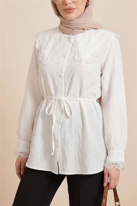 Bebe Yaka Fistolu Beli Bağcıklı Modal Tunik  -Ekru-Tunik-398-11008-R07
