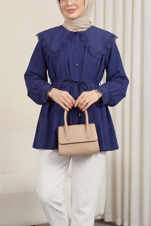 Bebe Yaka Fistolu Beli Bağcıklı Modal Tunik  -Laci-Tunik-398-11008-R03