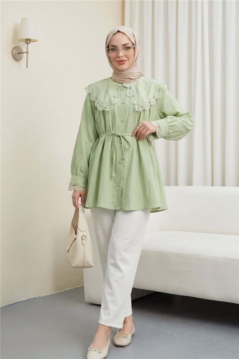 Bebe Yaka Fistolu Beli Bağcıklı Modal Tunik  -Çağla Y.-Tunik-398-11008-R70