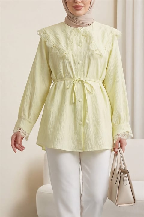 Bebe Yaka Fistolu Beli Bağcıklı Modal Tunik  -Açık Sarı-Tunik-398-11008-R75