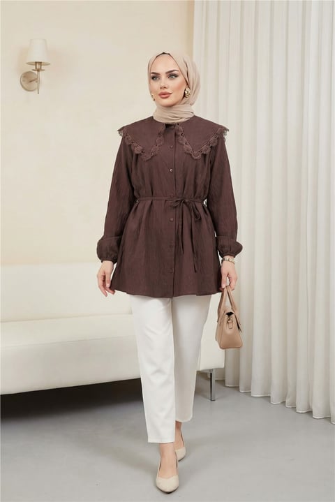 Bebe Yaka Fistolu Beli Bağcıklı Modal Tunik  -Mürdüm-Tunik-398-11008-R09