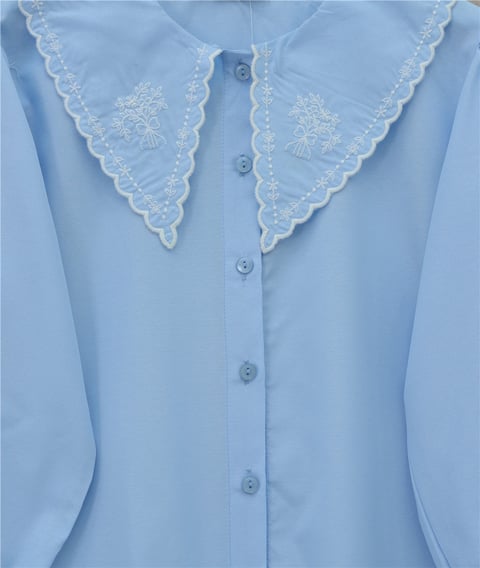 Bebe Yaka Fistolu Kolu Lastikli Poplin Gömlek Bluz -Bebe Mavi-Gömlek-349-8045-R32