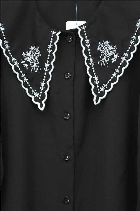 Bebe Yaka Fistolu Kolu Lastikli Poplin Gömlek Bluz -Siyah-Gömlek-349-8045-R01