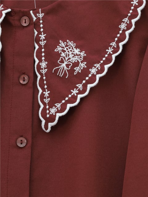 Bebe Yaka Fistolu Kolu Lastikli Poplin Gömlek Bluz -Bordo-Gömlek-349-8045-R04