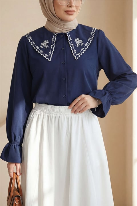 Bebe Yaka Fistolu Kolu Lastikli Poplin Gömlek Bluz -Laci-Gömlek-349-8045-R03