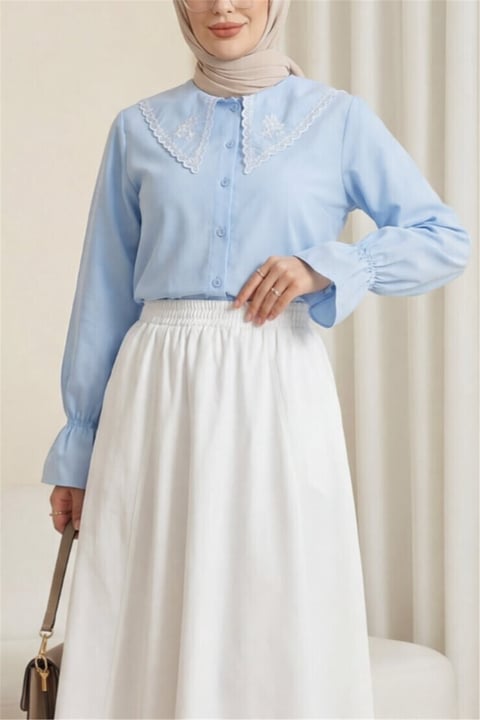 Bebe Yaka Fistolu Kolu Lastikli Poplin Gömlek Bluz -Bebe Mavi-Gömlek-349-8045-R32