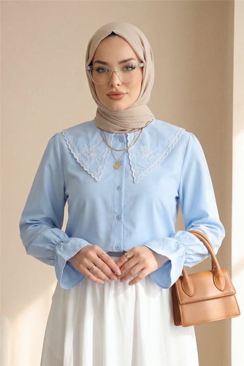 Bebe Yaka Fistolu Kolu Lastikli Poplin Gömlek Bluz -Bebe Mavi-Gömlek-349-8045-R32