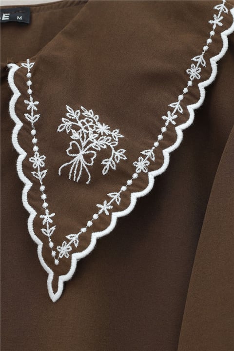 Bebe Yaka Fistolu Kolu Lastikli Poplin Gömlek Bluz -Kahve-Gömlek-349-8045-R15