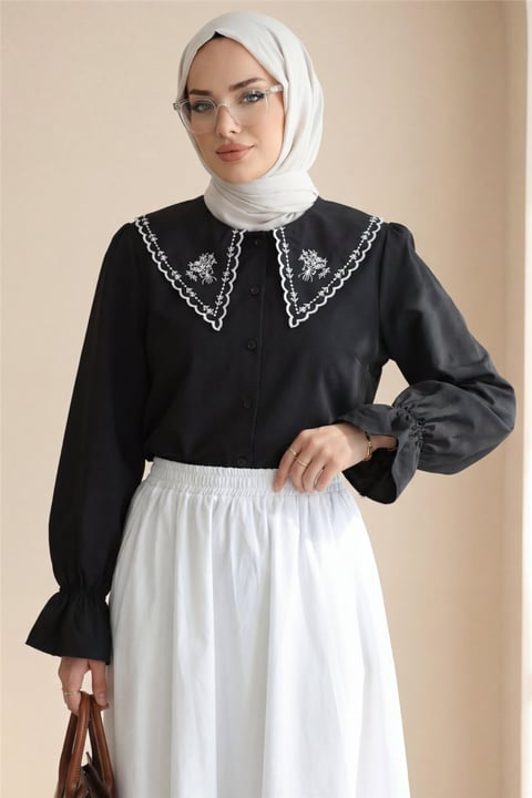 Bebe Yaka Fistolu Kolu Lastikli Poplin Gömlek Bluz -Siyah-Gömlek-349-8045-R01