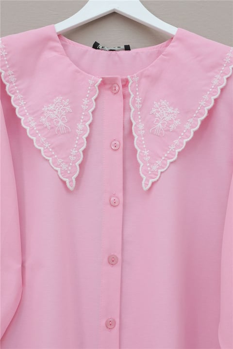 Bebe Yaka Fistolu Kolu Lastikli Poplin Gömlek Bluz -Pembe-Gömlek-349-8045-R20