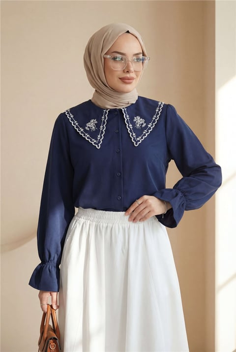 Bebe Yaka Fistolu Kolu Lastikli Poplin Gömlek Bluz -Laci-Gömlek-349-8045-R03
