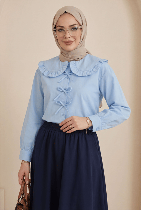 Bebe Yaka Kurdele Detaylı Gömlek  -Bebe Mavi-Gömlek-349-7024-R32