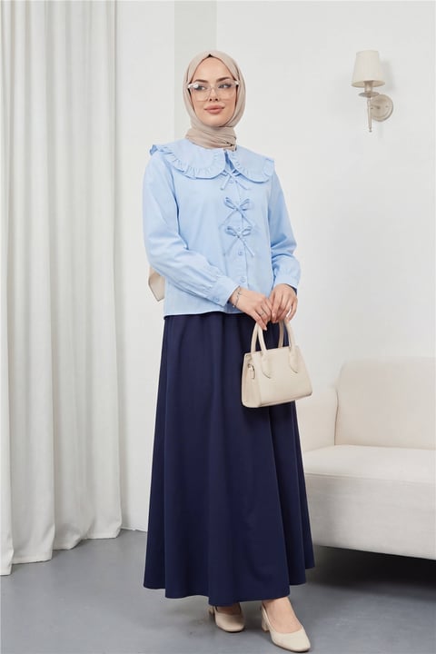 Bebe Yaka Kurdele Detaylı Gömlek  -Bebe Mavi-Gömlek-349-7024-R32