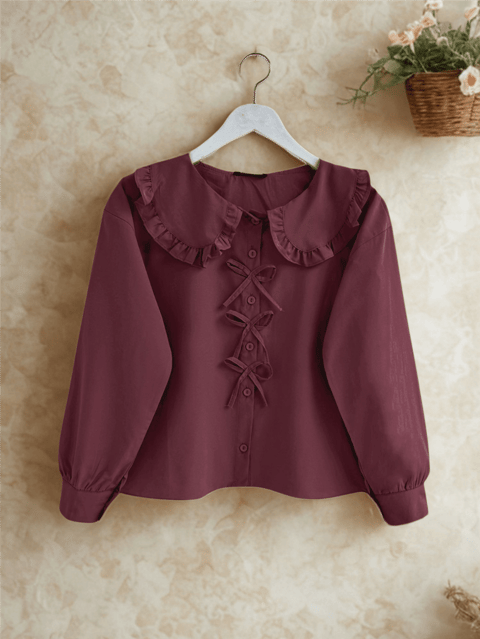 Bebe Yaka Kurdele Detaylı Gömlek  -Bordo-Gömlek-349-7024-R04