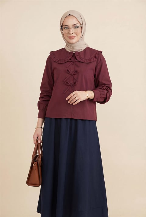 Bebe Yaka Kurdele Detaylı Gömlek  -Bordo-Gömlek-349-7024-R04