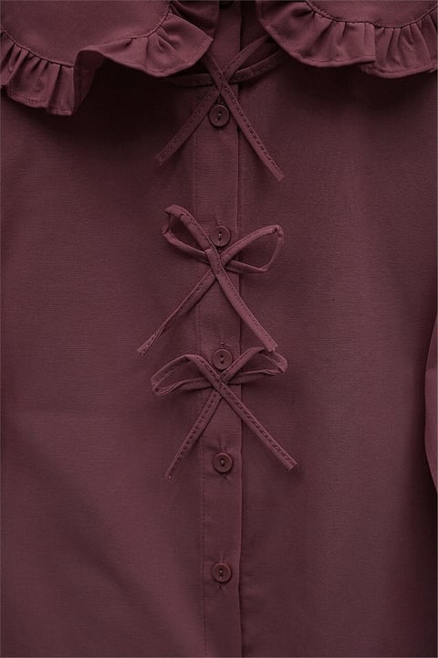 Bebe Yaka Kurdele Detaylı Gömlek  -Bordo-Gömlek-349-7024-R04