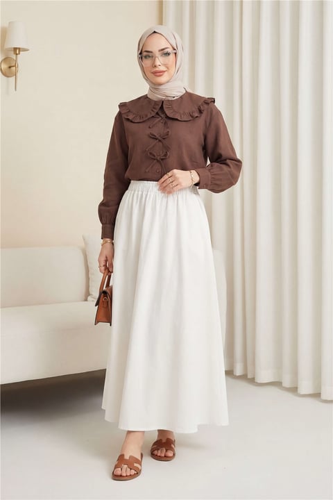Bebe Yaka Kurdele Detaylı Gömlek   -Kahve-Gömlek-349-7024-R15