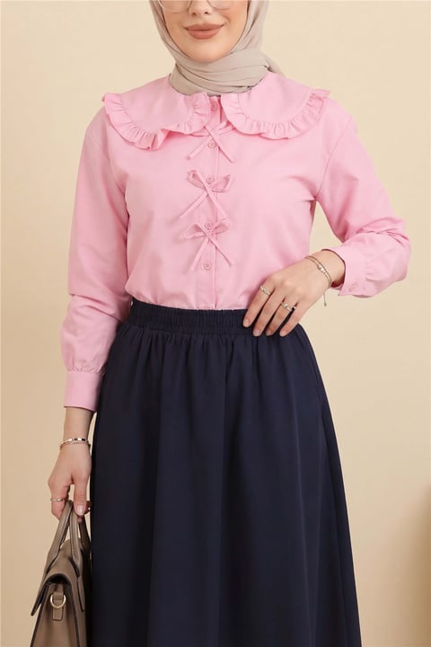Bebe Yaka Kurdele Detaylı Gömlek     -Pembe-Gömlek-349-7024-R20