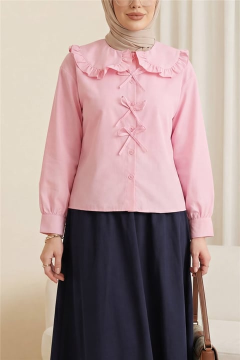 Bebe Yaka Kurdele Detaylı Gömlek     -Pembe-Gömlek-349-7024-R20