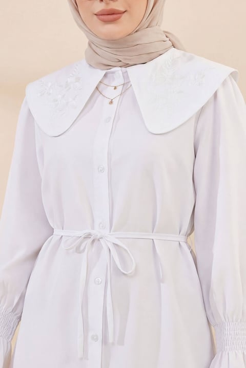 Bebe Yaka Nakışlı Beli Bağlamalı Poplin Gömlek -Beyaz-Gömlek-441-4291-R02