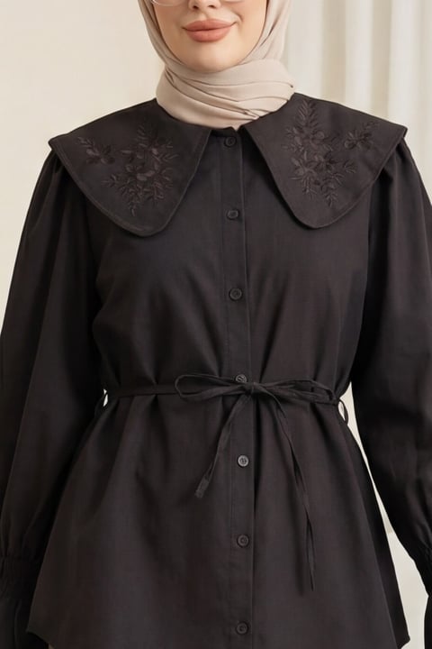 Bebe Yaka Nakışlı Beli Bağlamalı Poplin Gömlek -K. Kahve-Gömlek-441-4291-R54