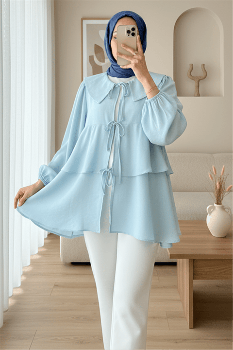 Bebe Yaka Önü Bağcıklı Eteği Katlı Kimono -Bebe Mavi-Tunik-307-2289-R32