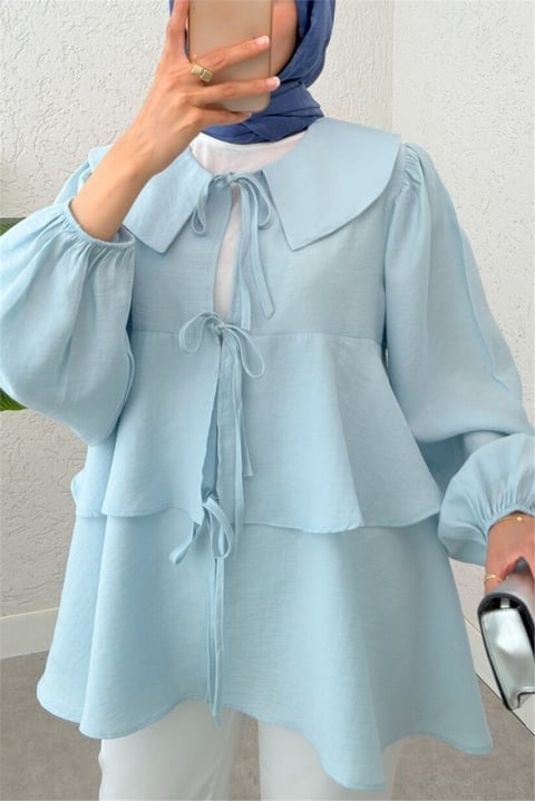 Bebe Yaka Önü Bağcıklı Eteği Katlı Kimono -Bebe Mavi-Tunik-307-2289-R32