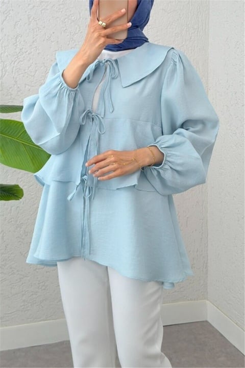 Bebe Yaka Önü Bağcıklı Eteği Katlı Kimono -Bebe Mavi-Tunik-307-2289-R32