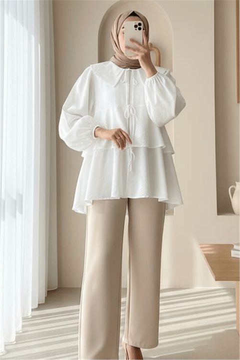 Bebe Yaka Önü Bağcıklı Eteği Katlı Kimono -Beyaz-Tunik-307-2289-R02