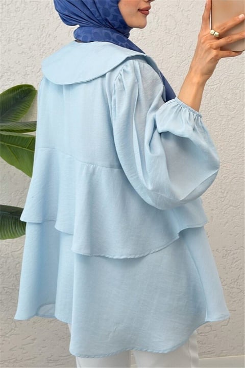 Bebe Yaka Önü Bağcıklı Eteği Katlı Kimono -Bebe Mavi-Tunik-307-2289-R32
