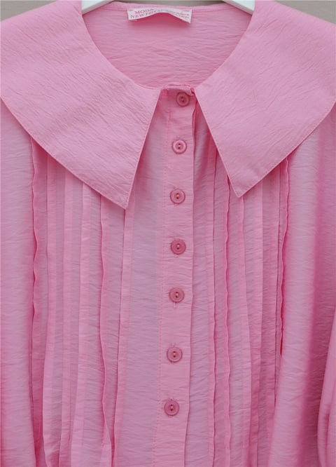 Bebe Yaka Önü Katlama Detaylı Kolu Lastikli Çilek Gömlek -Pembe-Tunik-434-5351-R20
