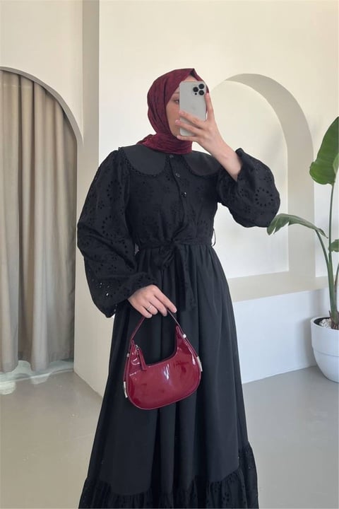 Bebe Yaka Yarım Düğmeli Fistolu Elbise  -Siyah-Elbise-144-1003-R01