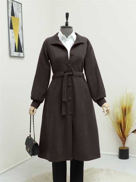 Kaban-Belden Bağlamalı Top Düğmeli Kaşe Kaban   -K. Kahve-346-3046-R54