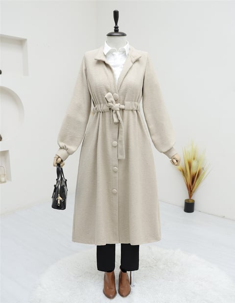 Belden Bağlamalı Top Düğmeli Kaşe Kaban -Ekru-Kaban-346-3046-R07