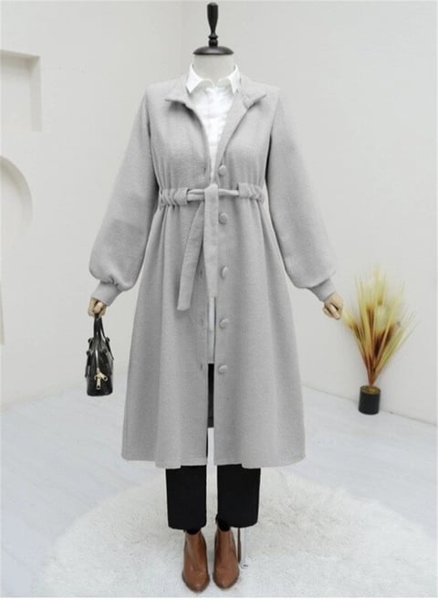 Belden Bağlamalı Top Düğmeli Kaşe Kaban -Gri-Kaban-346-3046-R11