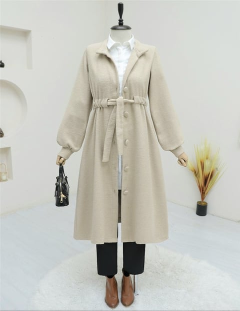 Belden Bağlamalı Top Düğmeli Kaşe Kaban -Ekru-Kaban-346-3046-R07