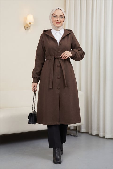 Belden Bağlamalı Top Düğmeli Kaşe Kaban   -K. Kahve-Kaban-346-3046-R54