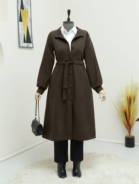 Kaban-Belden Bağlamalı Top Düğmeli Kaşe Kaban   -K. Kahve-346-3046-R54