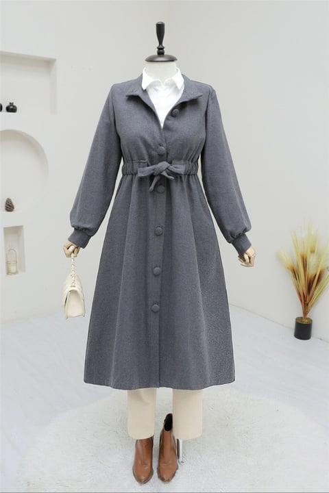 Belden Bağlamalı Top Düğmeli Kaşe Kaban -Füme-Kaban-346-3046-R18