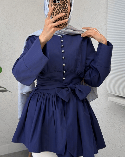 Beli Bağcıklı Boydan Taş Düğmeli Tunik -Laci-Tunik-307-2343-R03